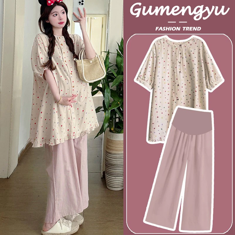 孕妇装夏装2025新款韩版宽松复古波点衬衫上衣中长款休闲薄款裤子