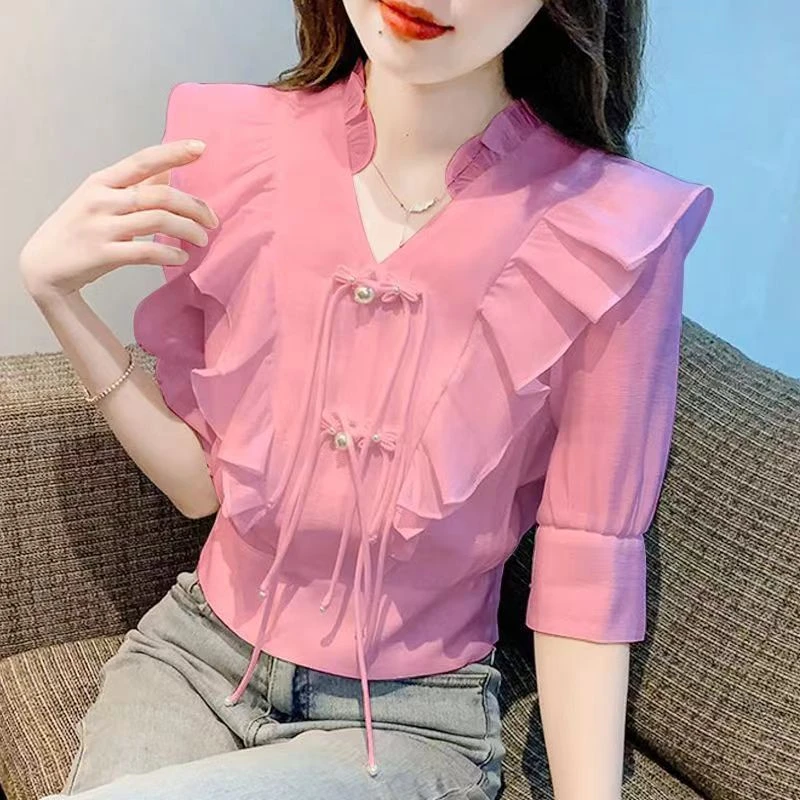 101-200直播间专用）法式荷叶四季女士钉珠衬衫洋气宽松娃娃领百搭