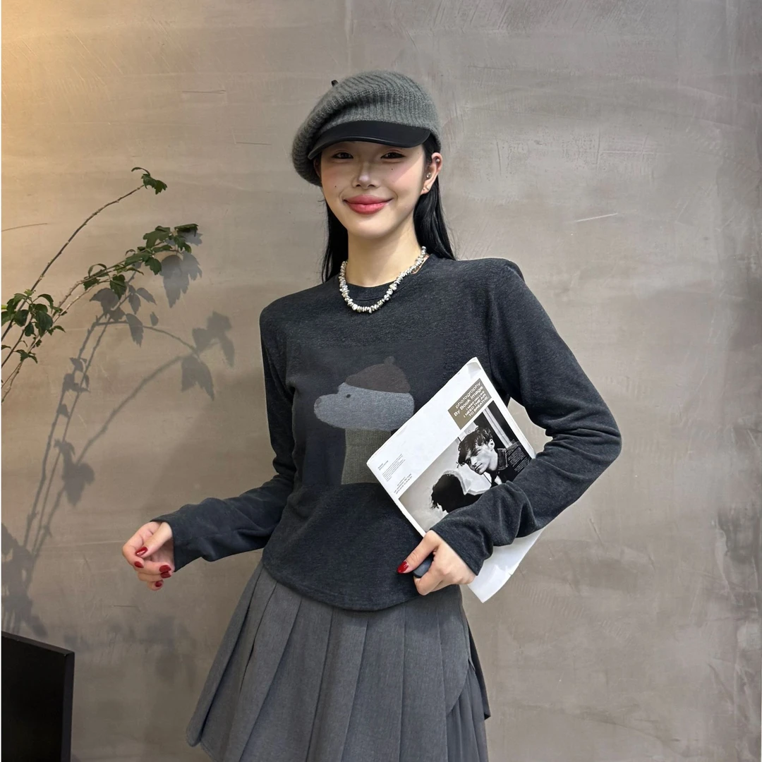 8131-3#秋季新款韩版时尚女士磨毛卡通狗印花宽松圆领长袖T恤上衣