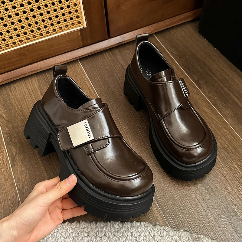 厚底乐福鞋女2025秋季新款粗跟英伦风学生小皮鞋魔术贴高跟单鞋子