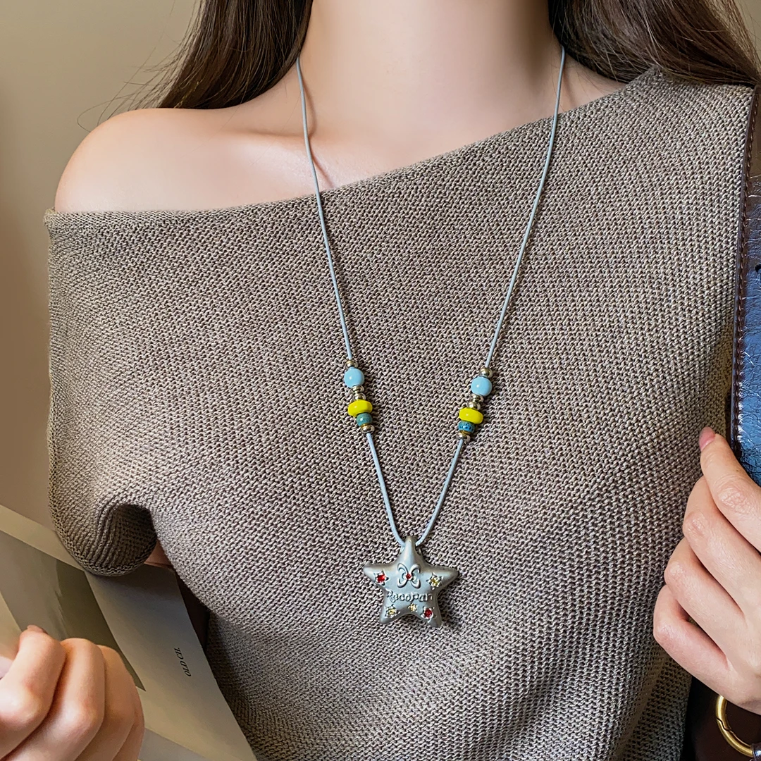 铜布艺项链  银色海星串珠项链女2025新款夏日小众甜酷锁骨链劲链
