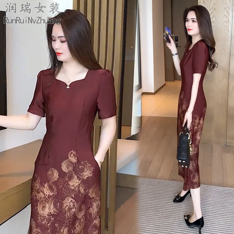 夏季个性植物花卉短袖连衣裙2025新款时尚遮肚显瘦洋气中长款裙子