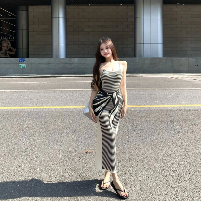 性感纯欲修身条纹绑带吊带连衣裙女2025夏季新款ins气质包臀裙