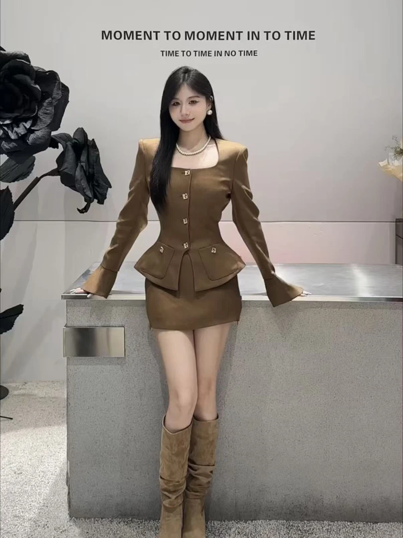 韩系名媛千金风套装毛呢外套+半身裙小香风显瘦外套半身裙两件套