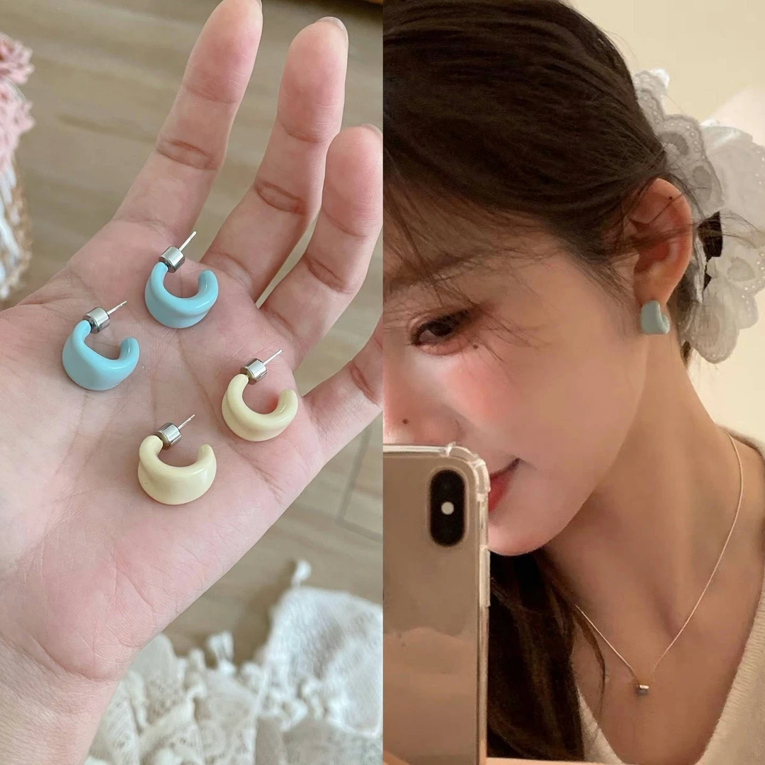 铜合金耳饰 D2197  S925银针超美奶油色珐琅釉C型耳圈耳环