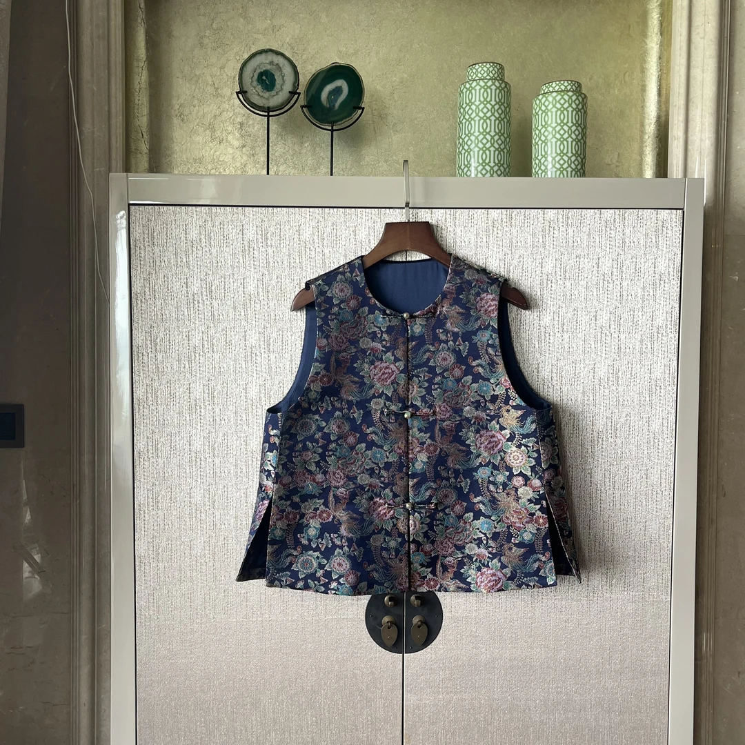 【金缕丹凤】桑蚕丝马甲中式时尚圆领无袖气质花色绣花女士