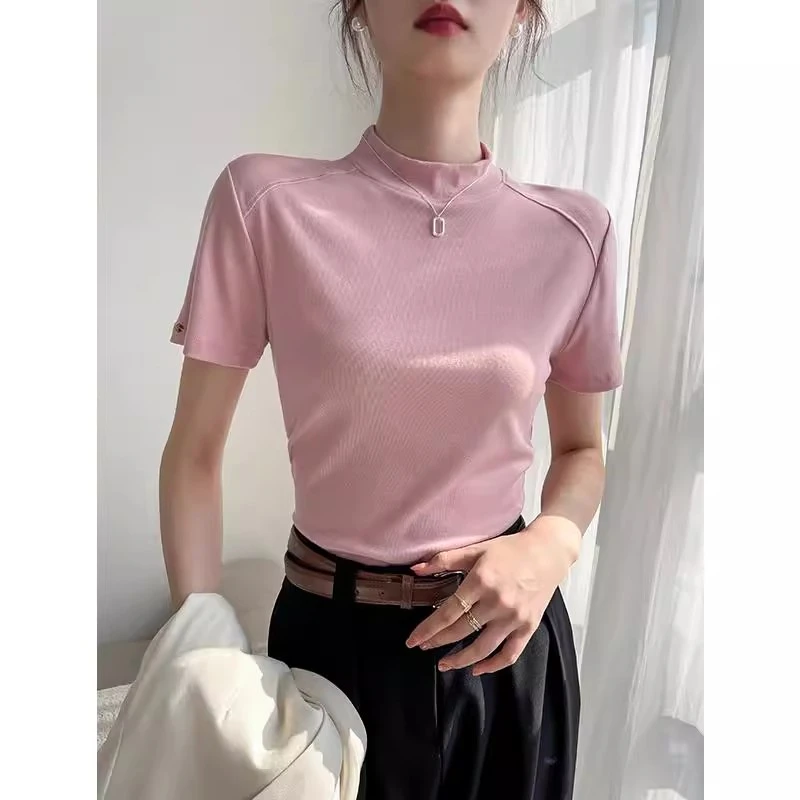 纯色半高领短袖t恤女2025新款春季正肩显瘦小个子内搭打底衫外穿