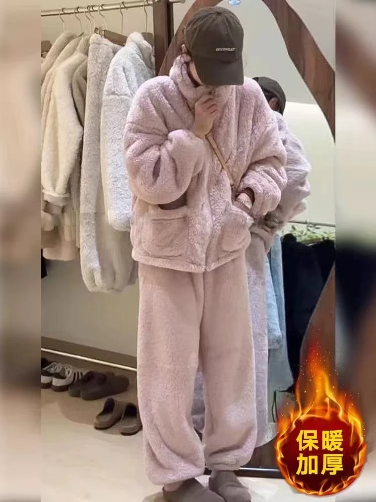2025款冬季加绒加厚可外穿两件套珊瑚绒家居服睡衣