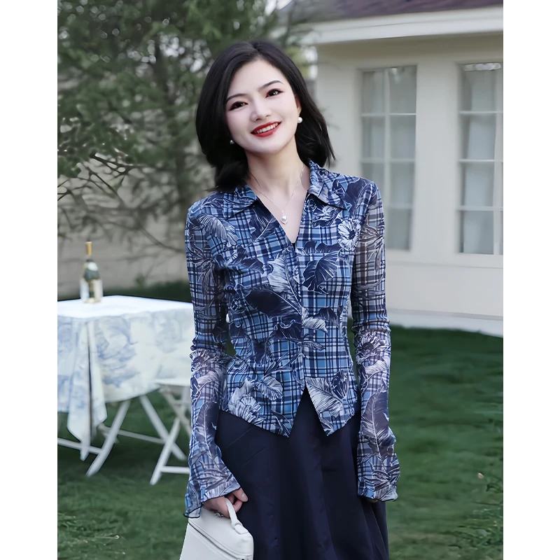 阿楠anan 古典花序 100针织桑蚕丝气质翻V领格纹印花法式衬衫女夏