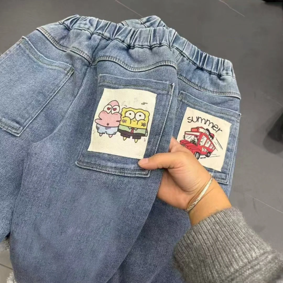 男女童冬款加绒一体绒牛仔裤男宝女宝春秋款卡通印花牛仔裤