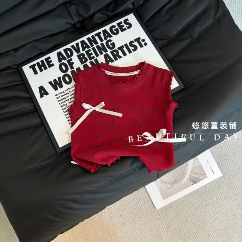 【亲子】女童木耳边无袖背心女宝夏天时尚百搭韩版红色T恤
