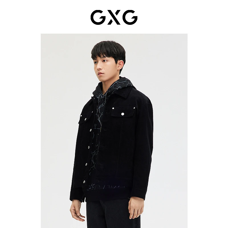 GXG男装黑色灯芯绒夹克春季休闲翻领外套男士印花牛仔#GE1210191L