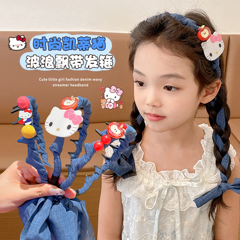 儿童KT猫飘带发箍发夹2025新款女童碎发神器卡通带齿发卡头箍发饰