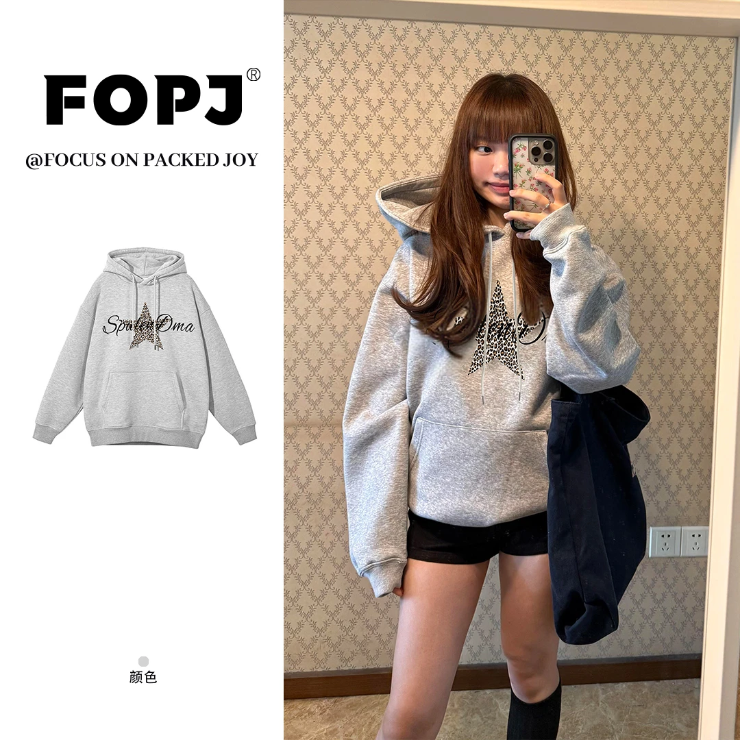FOPJ美式学院风豹纹印花连帽长袖卫衣女春秋新款加绒加厚外套上衣