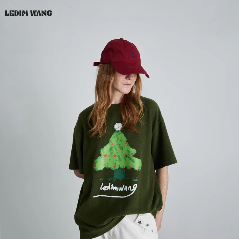 LEDIM WANG【张晚意同款】羊毛短袖T恤女25冬新款绿色圣诞宽松上衣