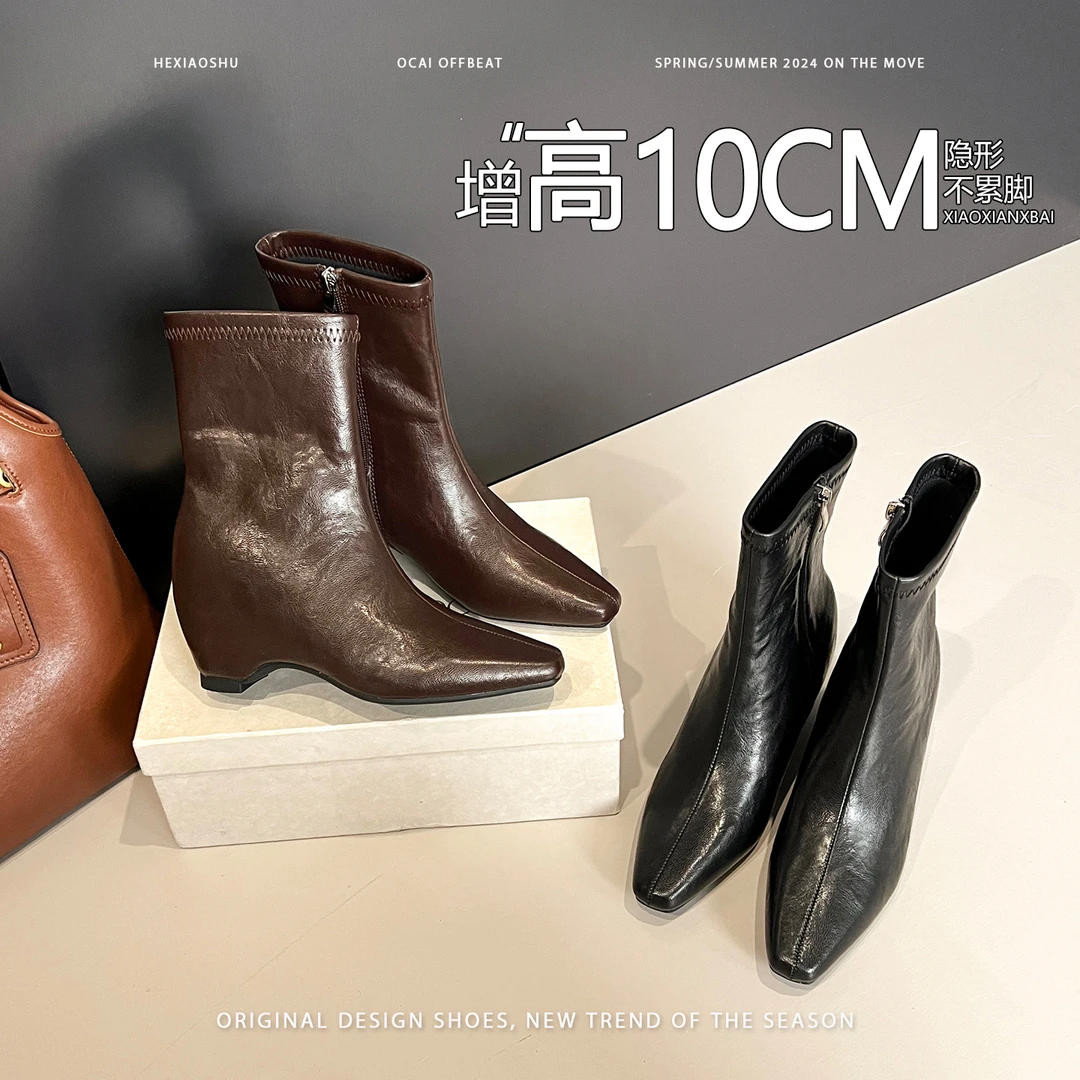 真皮版~复古方头坡跟内增高瘦瘦靴女2025秋冬新款弹力短靴马丁靴