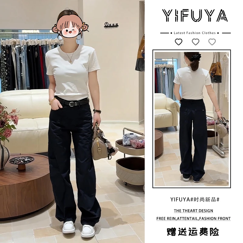 2025年夏季精棉白色T恤藏蓝色阔腿裤微胖显瘦气质减龄时尚套装