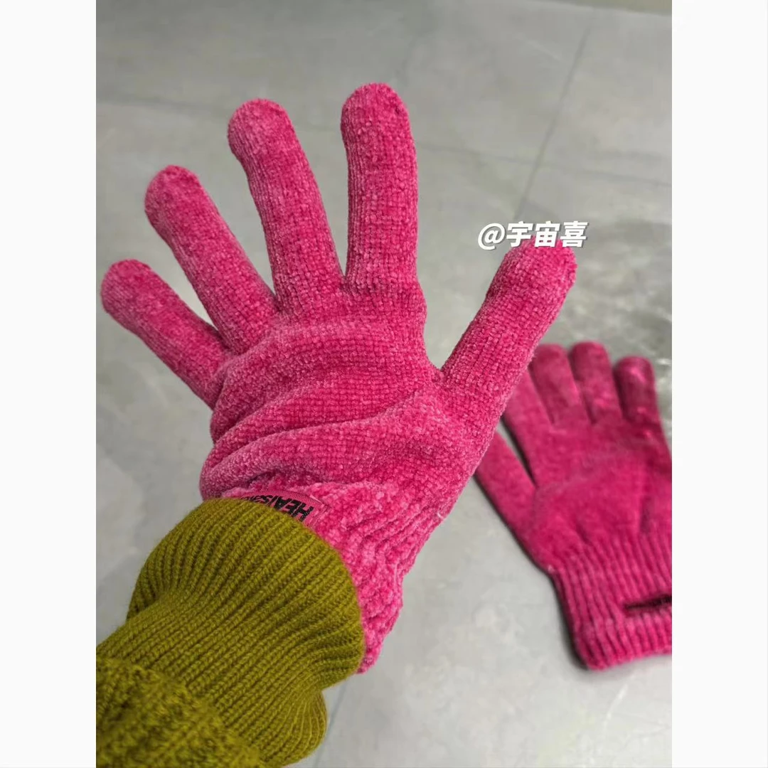 I1-569【雪尼尔字母小标超舒服手套莓粉色】
