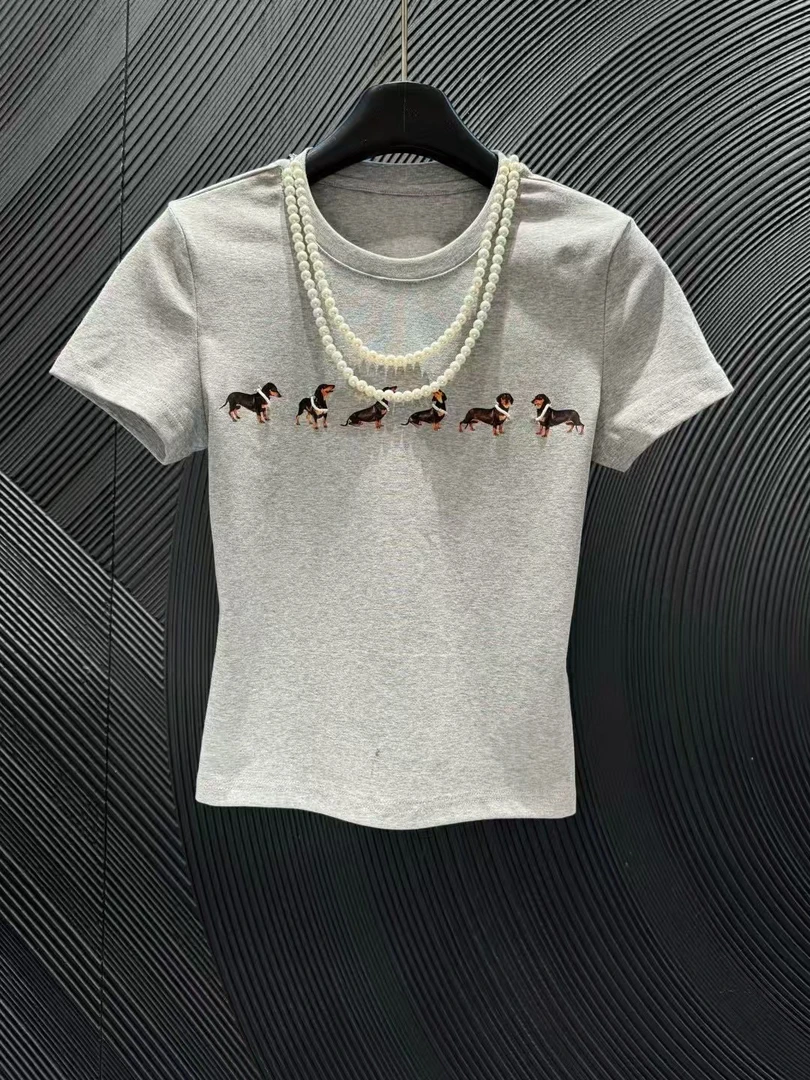 【米果精选】2025新款短袖显瘦辣妹短款夏季修身印花ins小狗T恤