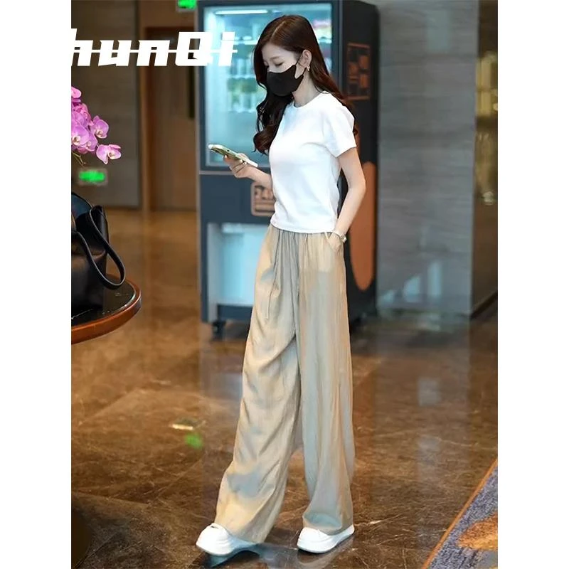 淳启夏装搭配一整套时尚炸街今年流行的T恤冰丝阔腿裤两件套装女