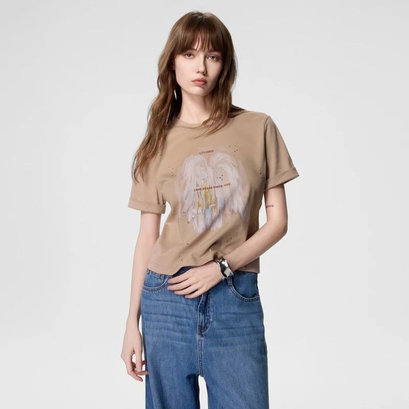 U/TI/尤缇夏季天使翅膀带钻性印花正肩休闲T恤女