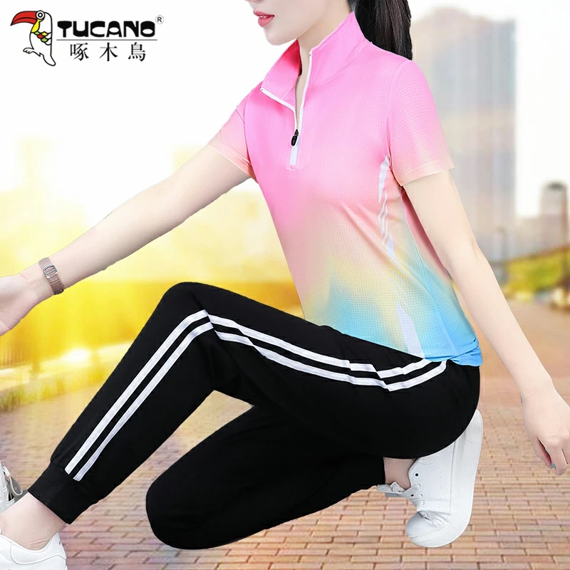 啄木鸟短袖运动套装女夏季新款时尚宽松妈妈广场舞休闲两件套大码