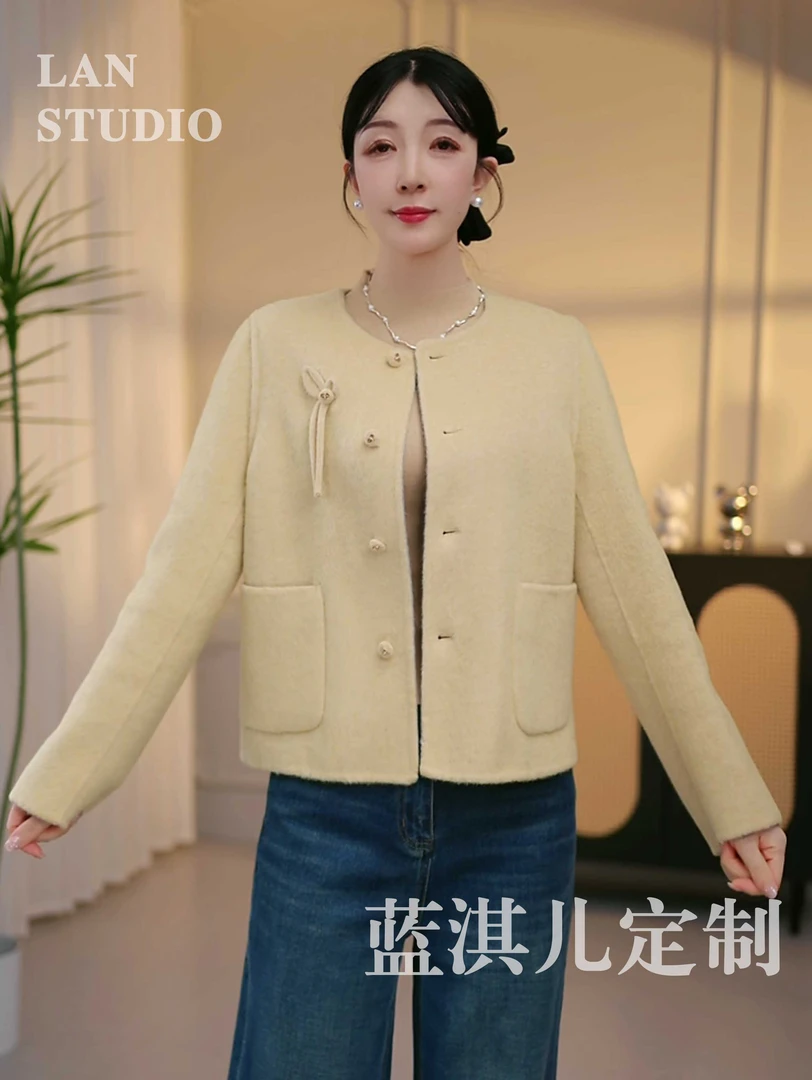 #047【极简】秋款上新-纯羊毛简约鹅黄气质女士宽松短款时尚外套