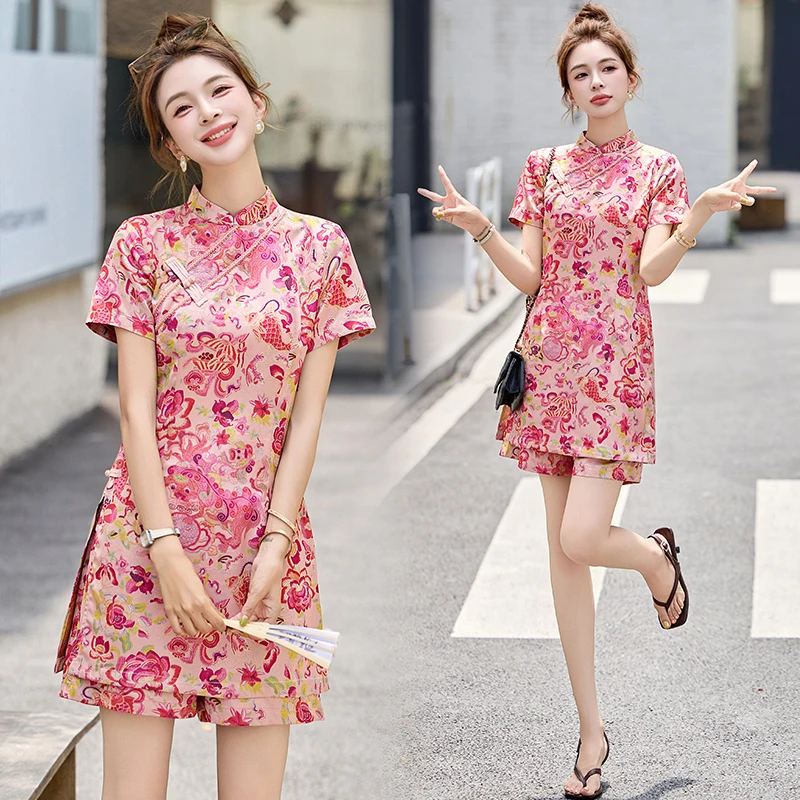 夏季新款新中式国风气质套装女盘扣旗袍连衣裙短袖上衣短裤两件套