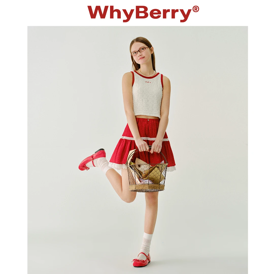WhyBerry 25SS“樱桃芝士卷”蕾丝修身拼色背心少女风