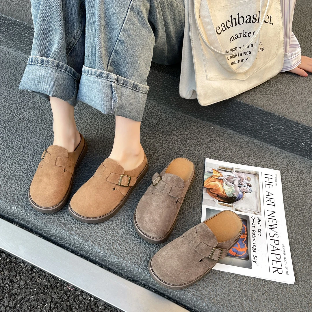 外穿包头平底半拖2025春季新款休闲包头拖百搭磨砂皮纯色拖鞋4071