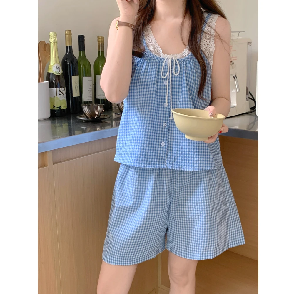 夏天小清新减龄蕾丝背心短裤夏季吊带拼接格子睡衣女士家居服套装