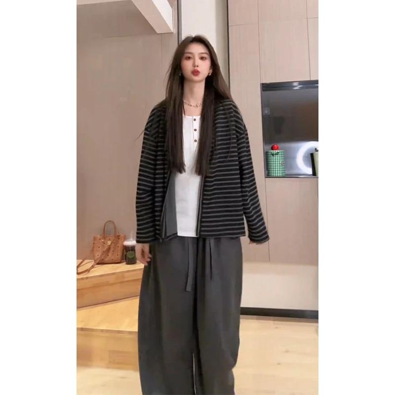 2025早秋新款韩系穿搭宽松长袖条纹开衫圆领内搭背心高腰阔腿长裤