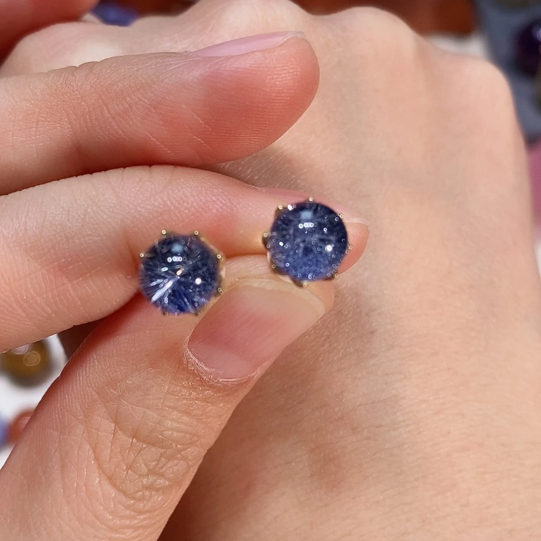 水晶蓝发晶耳钉18K金镶嵌金*