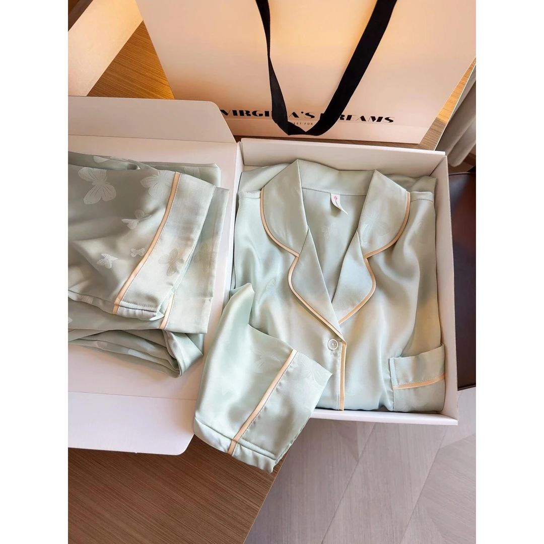 神秘蝴蝶印花2025年新款冰丝薄款睡衣女款春夏季套装家居服可外穿