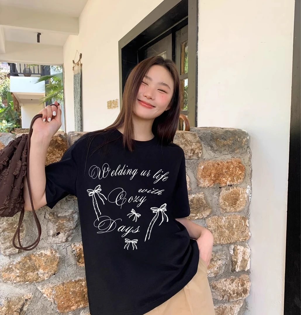 黑色纯棉圆领短袖t恤宽松夏季新款韩系ins蝴蝶结印花百搭休闲上衣