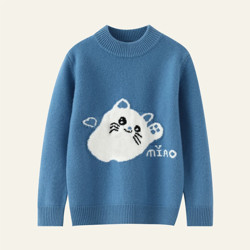 儿童100%纯羊毛衫加厚半高领卡通小猫提花秋冬百搭保暖针织打底