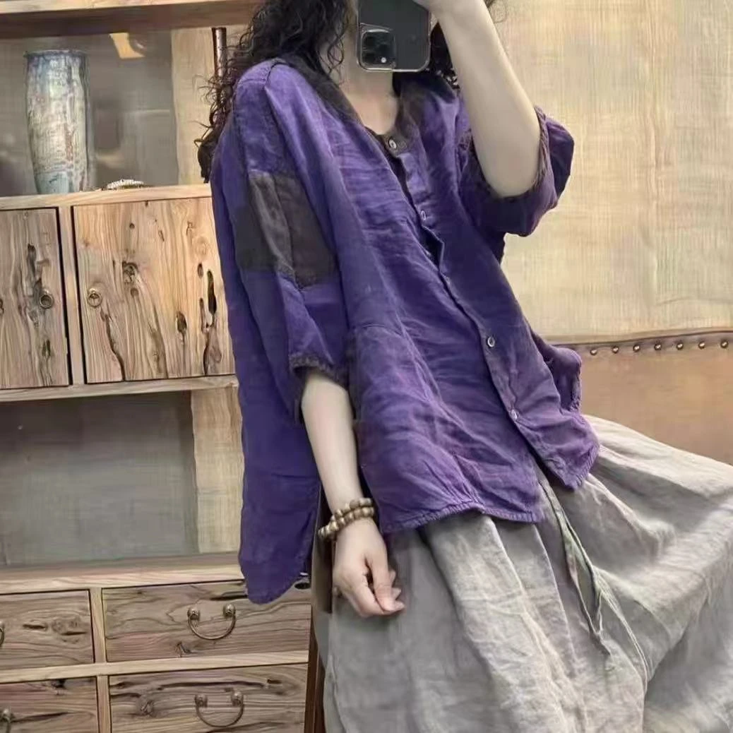 2025夏季时尚新款复古炒色亚麻拼色圆领开衫文艺休闲宽松大码女装