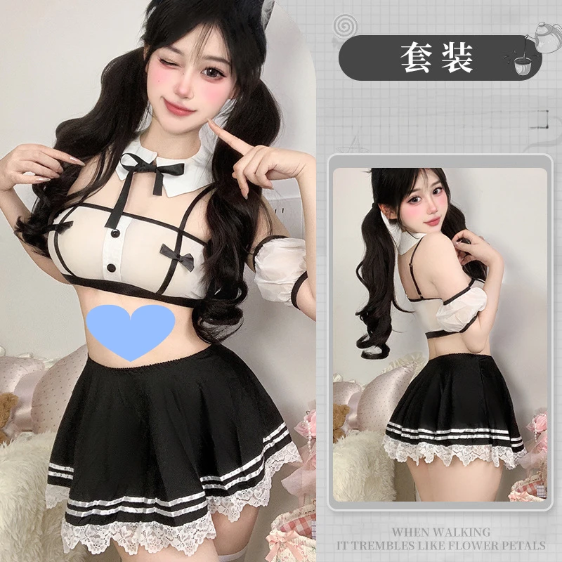 薄款内衣女仆制服套装性感纯欲约会战袍小胸夏季睡裙吊带蕾丝套装