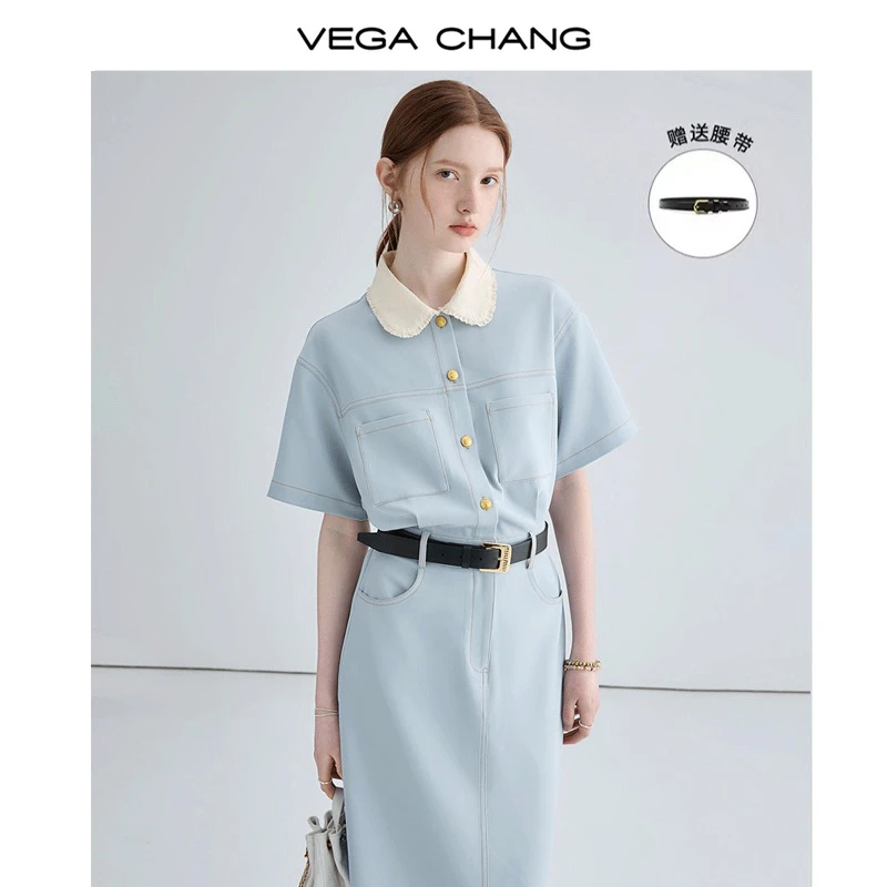 VEGA CHANG爆款连衣裙2025夏季新款韩系收腰配腰带长裙3059390