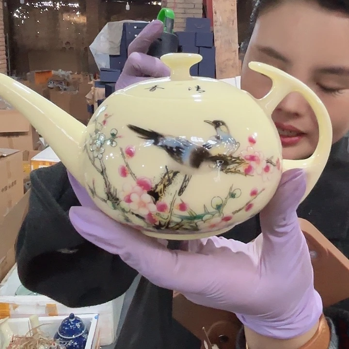 陶摆件景德镇高温陶瓷福气临门黄希壶