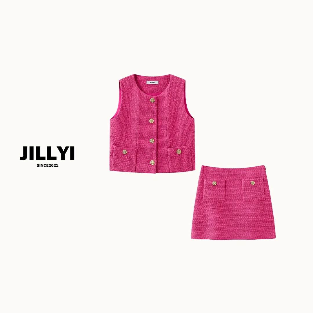 JILLYI珠海店【玫瑰花笺】玫瑰红圆领单排扣小香风马甲+玫瑰半身裙