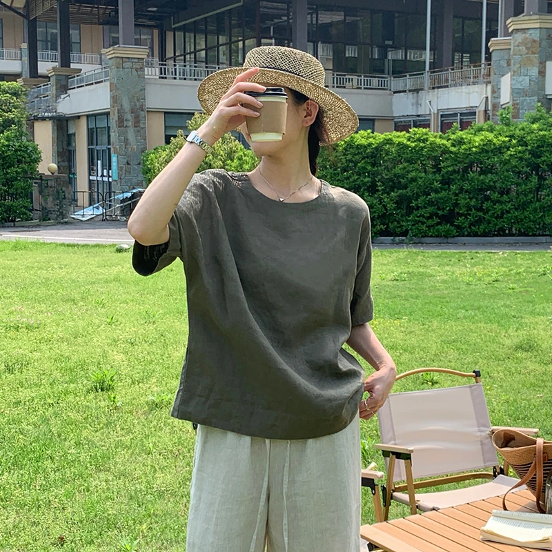 会呼吸的面料，100%亚麻法国雨露麻女士圆领宽松短袖T恤衬衣罩衫