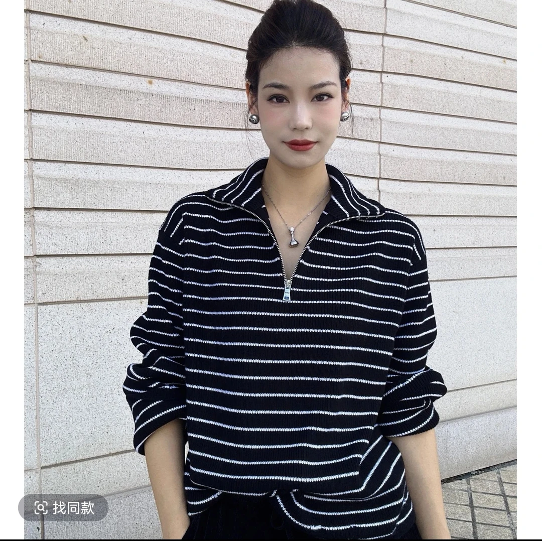 AMS正品半拉链高领条纹羊毛衫女秋冬新款慵懒针织毛衣538088