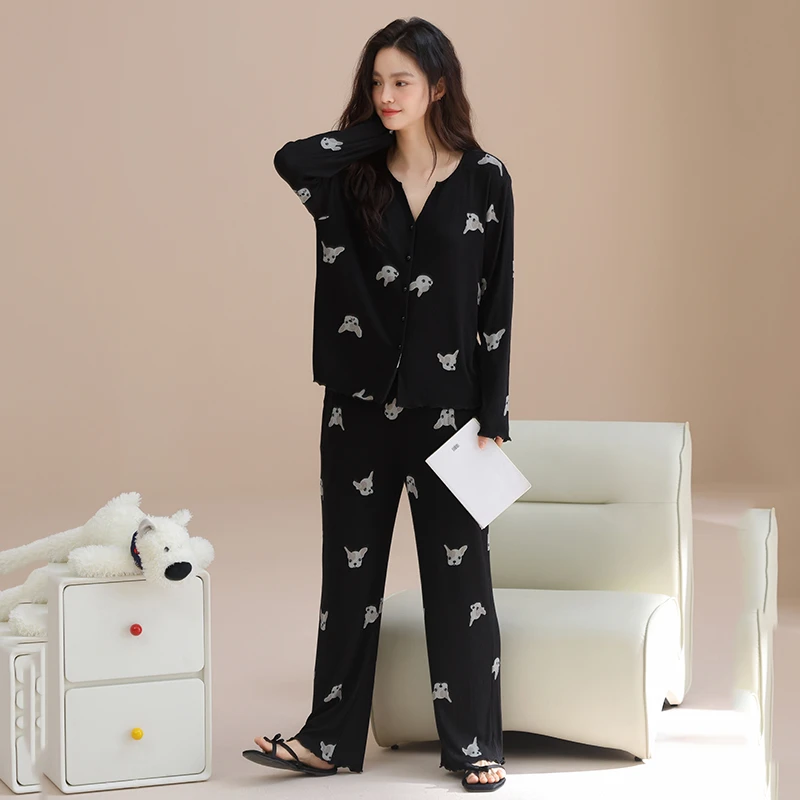 莫代尔长袖长裤睡衣女士春秋季薄款开衫V领可外穿宽松休闲家居服