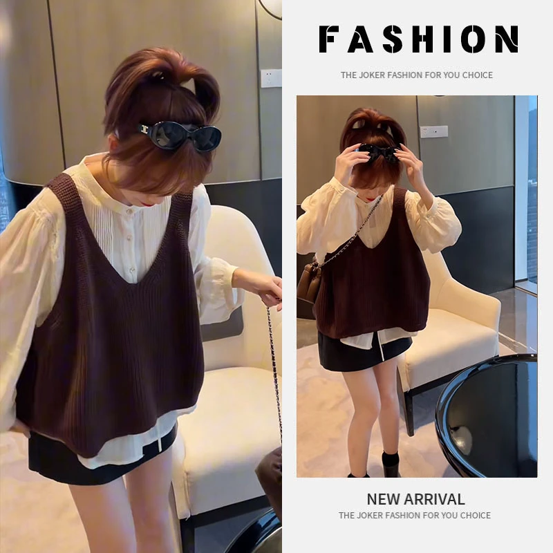 早春时尚一整套女装2025新款韩版洋气衬衫针织马甲百搭短裙三件套