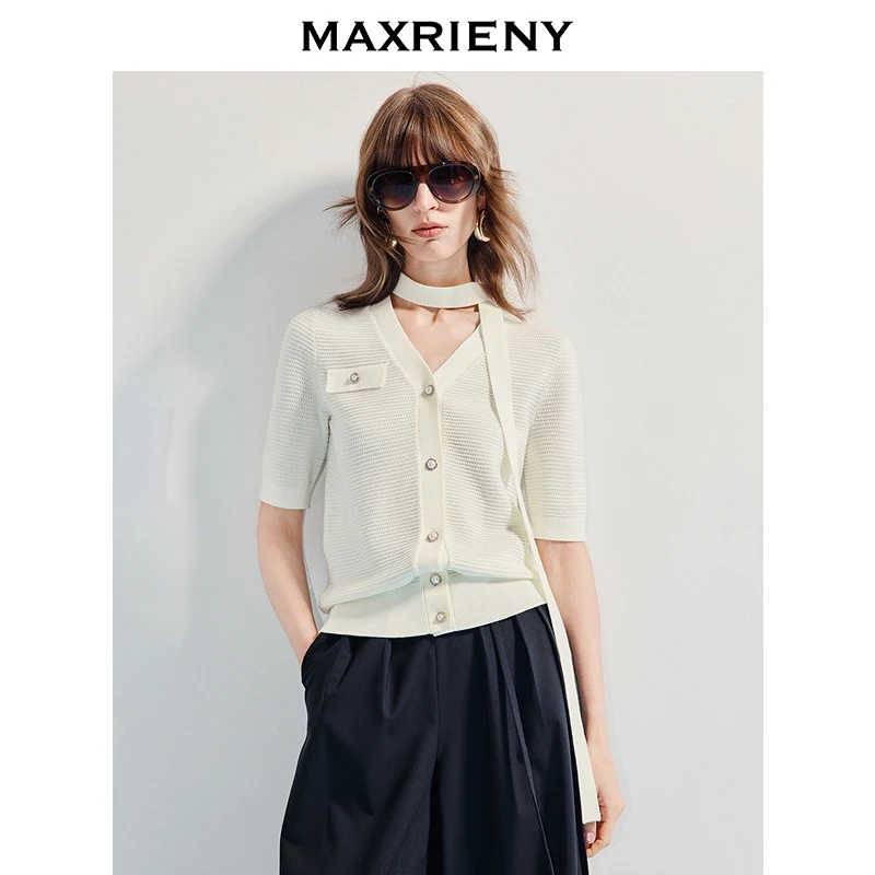 【蜜思仝】MAXRIENY精致千金风v领飘带毛针织衫25夏款气质感上衣女