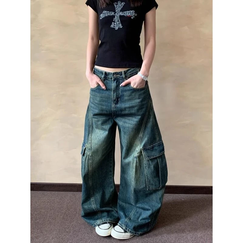 美式复古水洗做旧工装牛仔裤新款廓形多口袋弯刀显瘦裤子