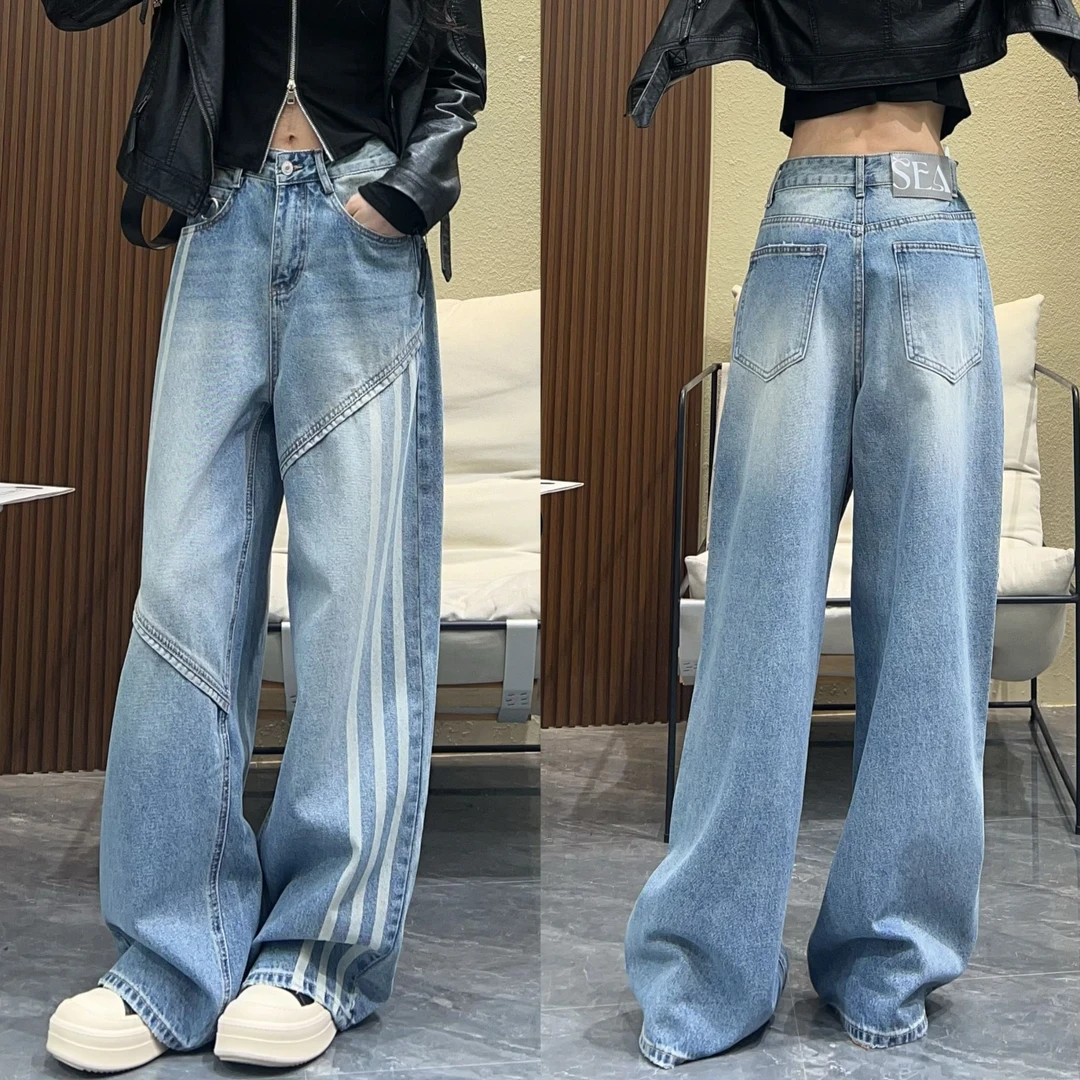 三条杠蓝色复古牛仔裤女春秋季2025新款显瘦小众设计感阔腿裤裤子