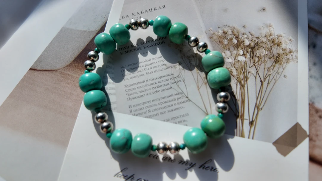 天然湖北原矿绿松S925银配珠单圈9.8mm手串复古孔雀气质手工小众