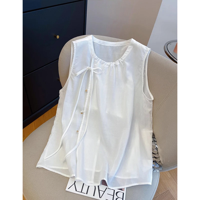 新中式国风褶皱蝴蝶结系带无袖背心女夏2025垂感小众宽松小衫上衣